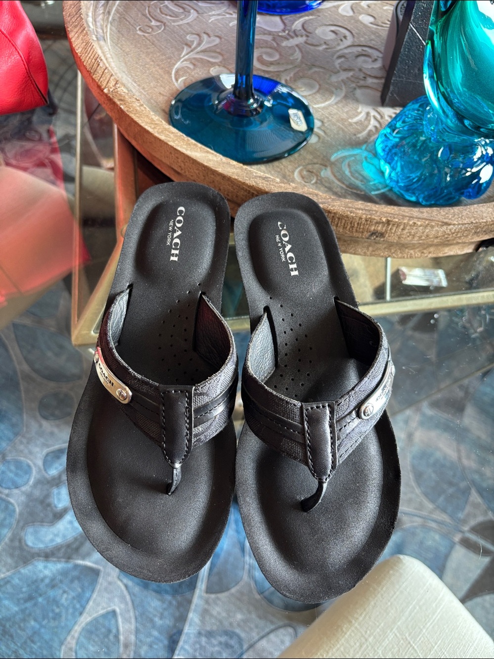 Coach Black Leather Thong Sandals with Silver Logo Accent - Picture 6 of 6